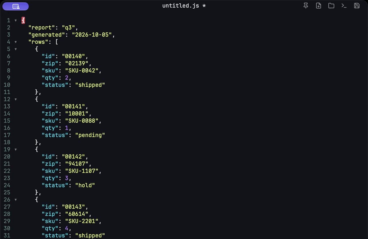 A JSON API response formatted onto lines in c0depad, showing report, generated, and rows